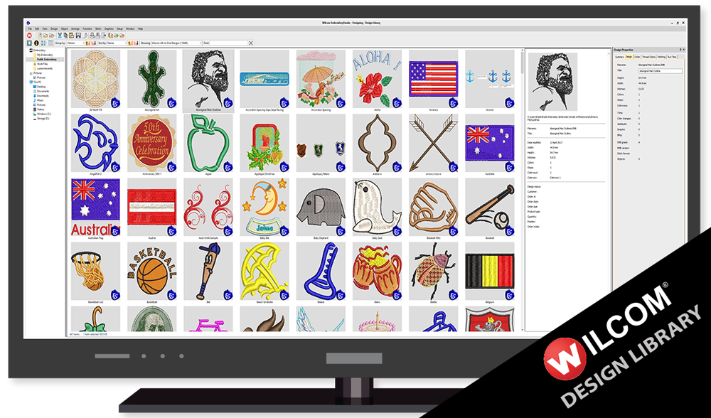 Elige fácilmente una plantilla o diseño de trabajo desde la biblioteca multimedia de Embroidery Studio Desinging e4- Colombia